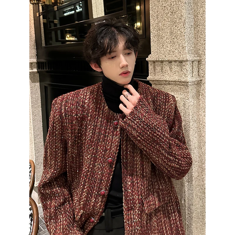 Round Collar Tweed Blazers Cardigan Men's Autumn Collarless Short Jacket Korean Style Chic Fashion Elgance Coat Handsome Jackets