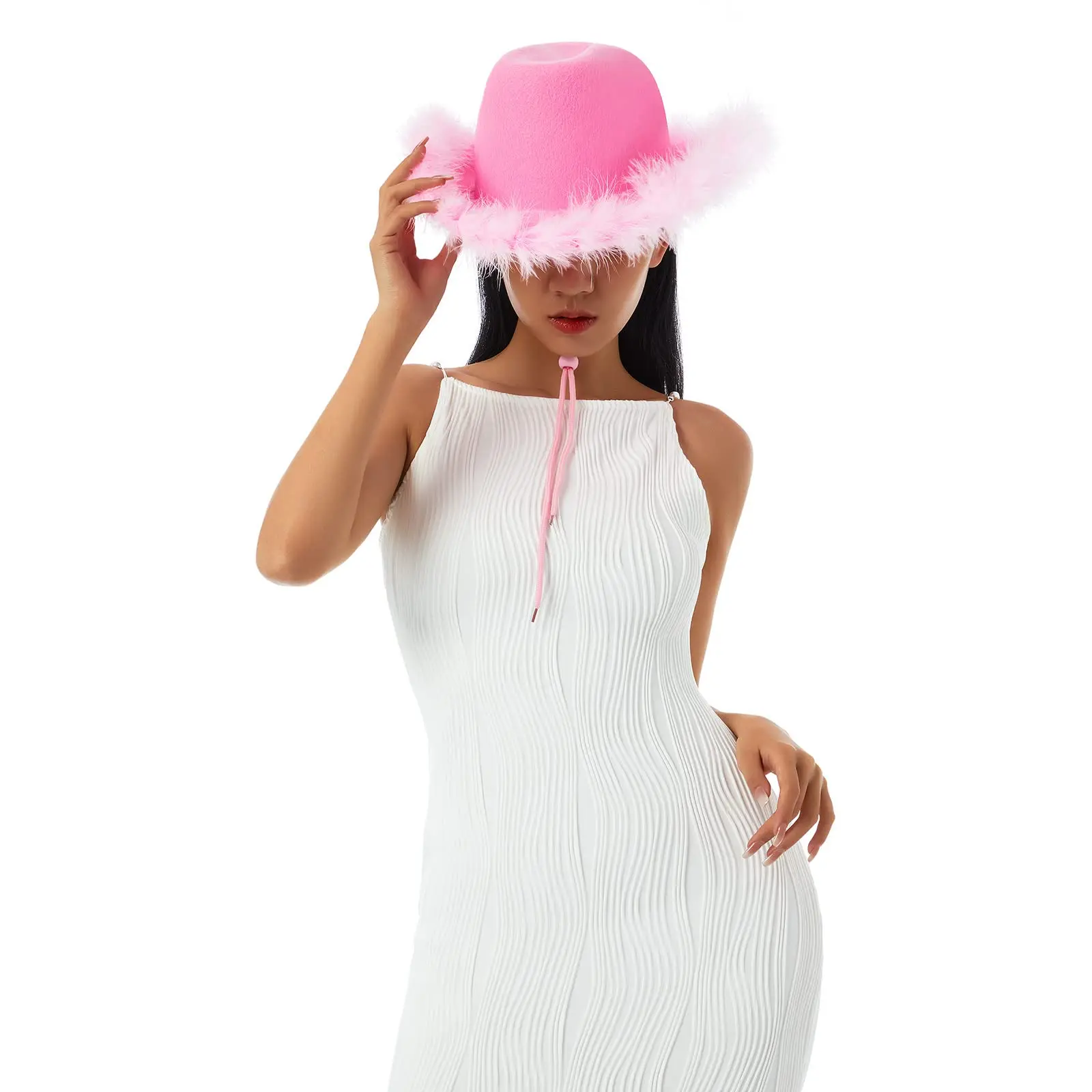 Party Cowboy Hat for Women Cowgirl Hat with Pink Feather Boa Fluffy Feather Brim Adult Size Cowboy Play Costume party hat carnival hat cowboy doll hat
