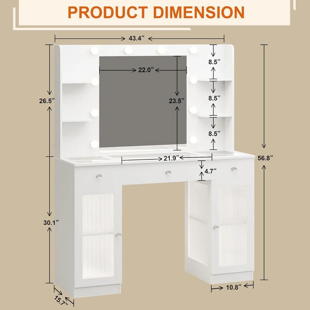Makeup Vanity with Glass Top, White Vanity Desk with Mirror and Lights, Big Vanity with Drawers & Cabinets for Bedroom, Cute Van 2