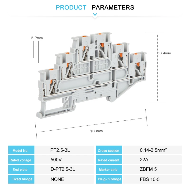 PT2.5-3L Push-in Wiring Connector 10Pcs Triple 3 Level 2.5 mm&sup2; Cable 2.5mm Electrical Cable Din Rail Terminal Block