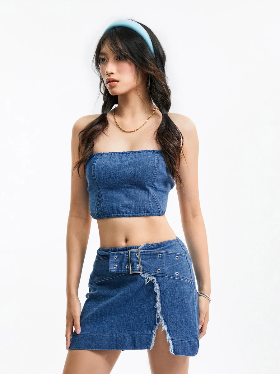 

Y2k Women Sexy Summer Outfits 2PC Jean Skirts Set Strapless Strapless Wrap Chest Crop Tube Tops Pleated Mini Skirt Streetwear