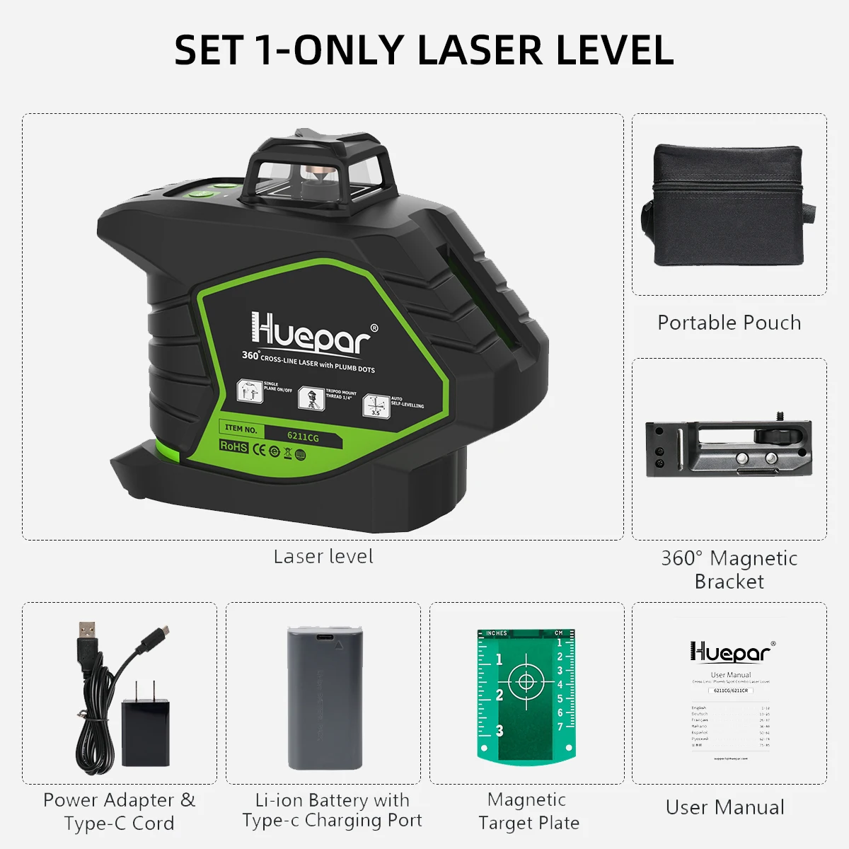 Green Laser Level With 2 Plumb Laser Dots,Self-Leveling 360° Coverage Laser Leve