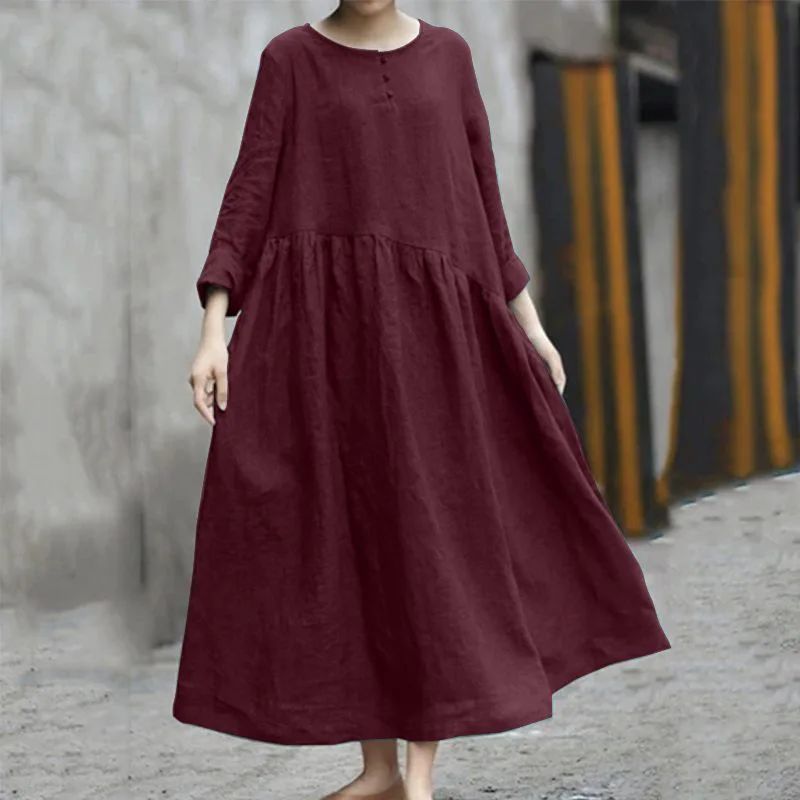 Cotton Linen Asymmetrical Long Dress for Women
