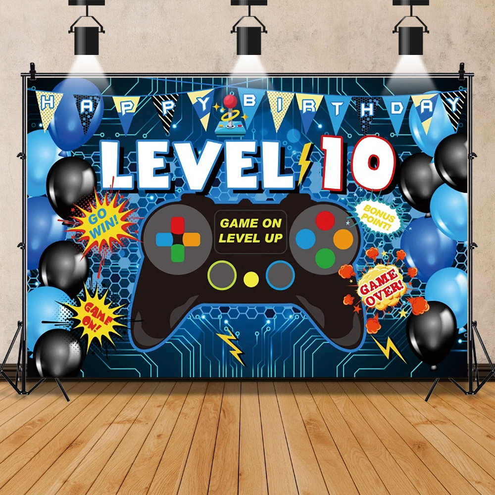 Laeacco Child Baby Play Games Gamepad Happy Birthday Party Balloons Comic Poster Portrait Photo Background Photography Backdrop