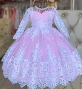 Cute Pink Tulle Baby Girl Birthday Dress White Lace Full Sleeve Princess Flower Girl Dress for Wedding Toddler Christmas Gown