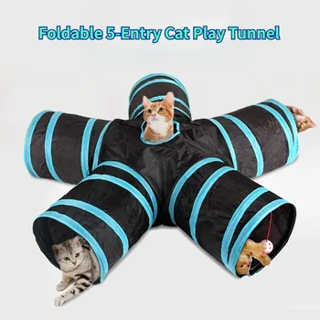 Interactive Foldable 5-Entry Cat Play Tunnel Toy Breathable Cross Pass Drill Barrel Tunnel for Indoor Outdoor Cat Kitty Supplies 1