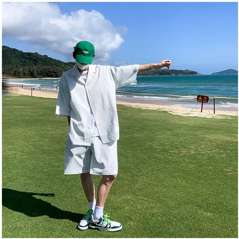 Summer Two-Piece Men's Sets Shirt and Shorts Casual Outfits Oversized Short Suit Plain Clothes Clean Fit Black White Green
