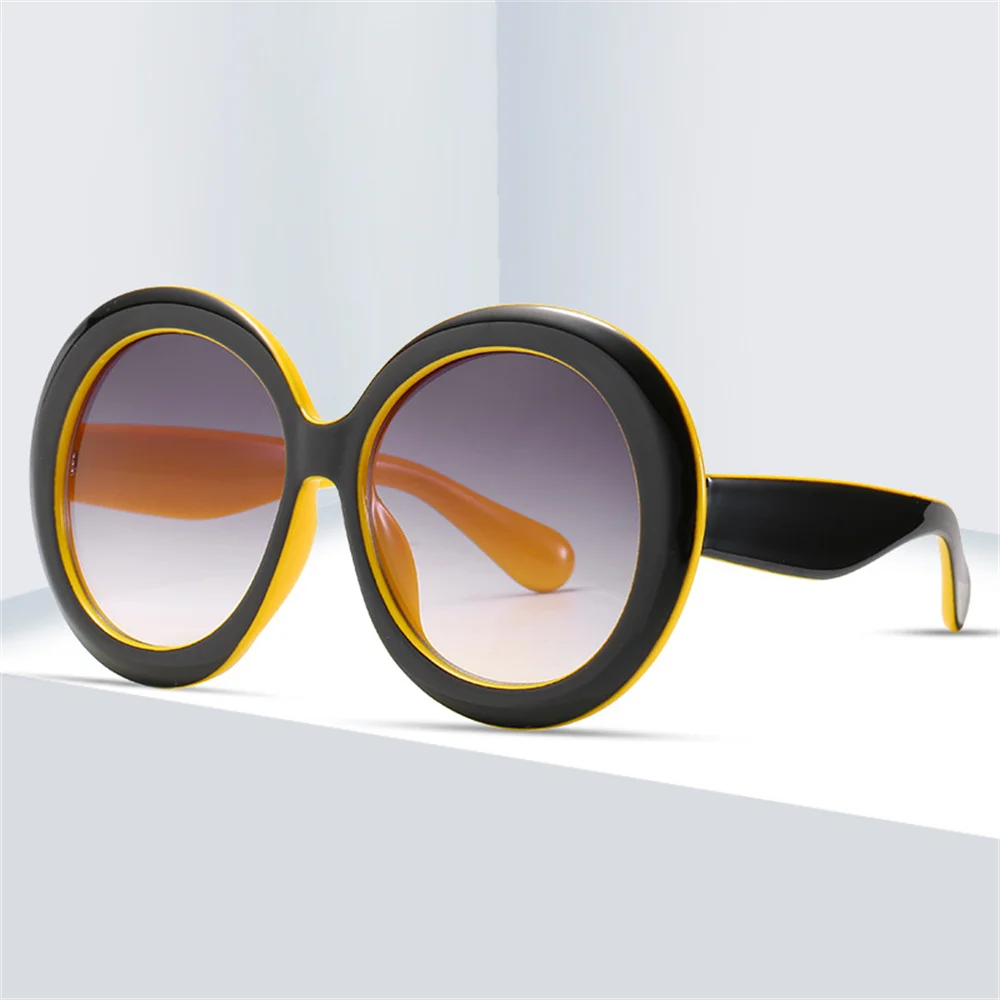Women Round Frame Sun Glasses Brown Gradient Vintage Oversized