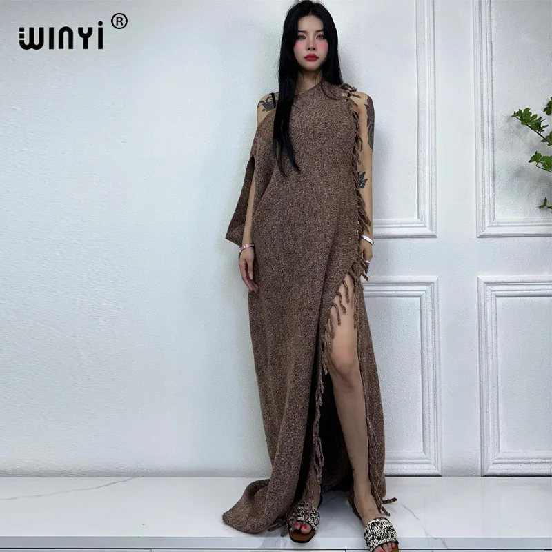 

WINYI Sexy fork knitted long dress in winter Comfort Warm pure colour Caftan Holiday dress Elegant party winter kaftan for women