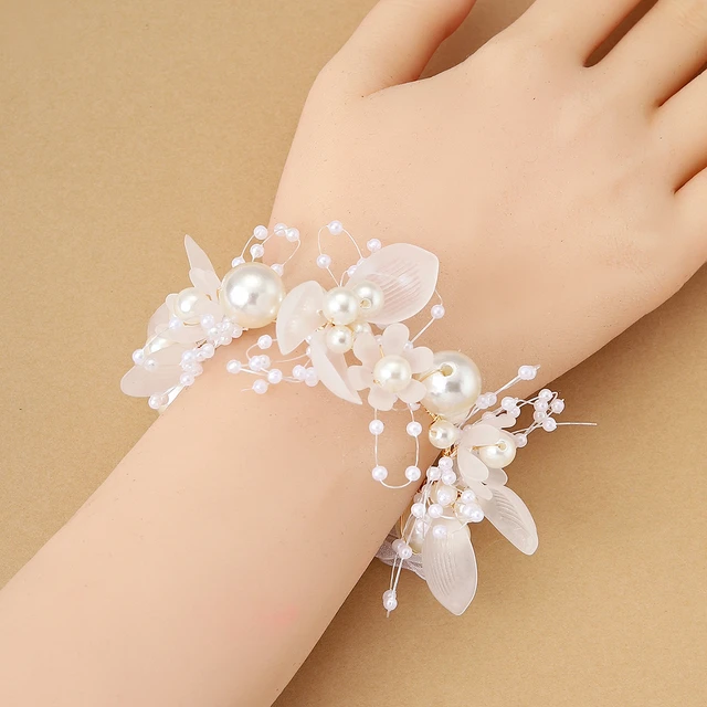 Hand Flower Decor Wedding Wrist Flower Pearl Wrist Corsage Ceremony Prom  Bridal Bracelet Hand Pearl Wrist