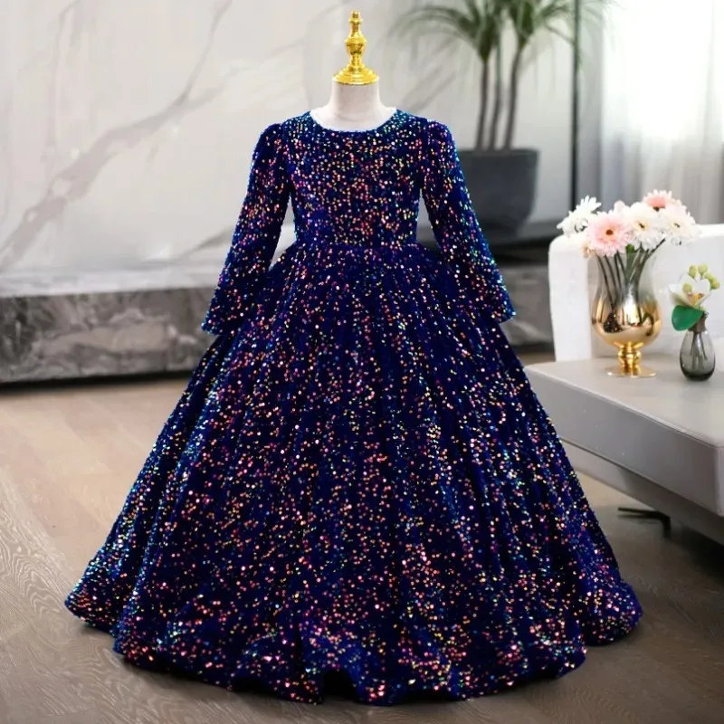 Shining Flower Girl Dresses for Wedding Sequins Full Length Floor Length Girl Kids Birthday Party First Holy Communion Gown