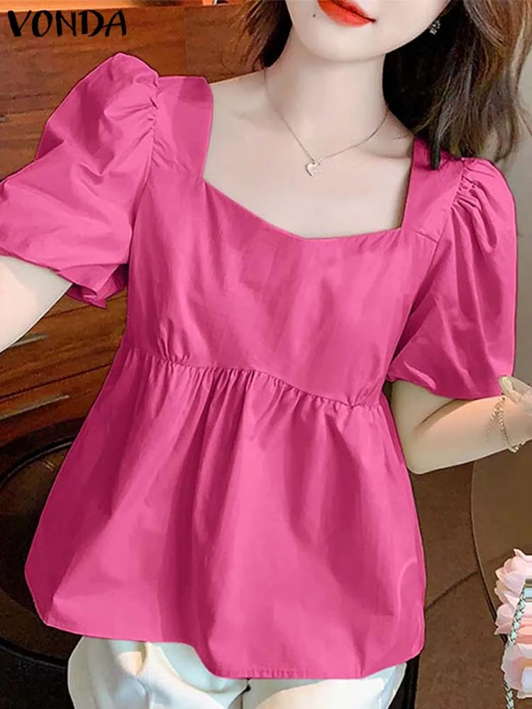

Fashion Tunic Tops VONDA Women Ruffled Blouses Summer 2023 Sexy Square Collar Short Sleeve Solid Color Shirts Casual Blusas