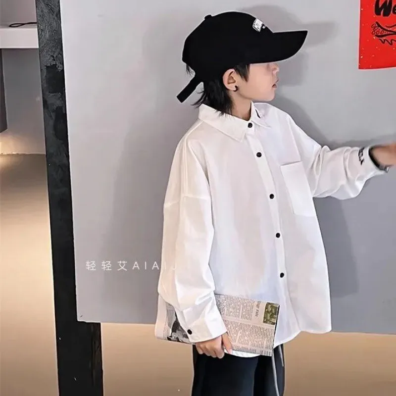 جديد 3-12 سنة ربيع الخريف الفتيان قميص بلون واحدة الصدر الوقوف طوق كم طويل قميص للأطفال الأطفال القطن قميص