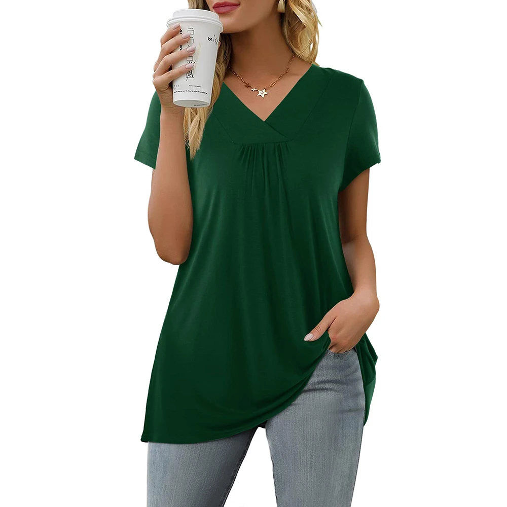 Damen Elegant Loose Fit Kurzarm Frühling T-Shirt V-Ausschnitt Casual Loose Basic Tunika Top Sommer Baumwollmischung Bluse Free87_voghion.com