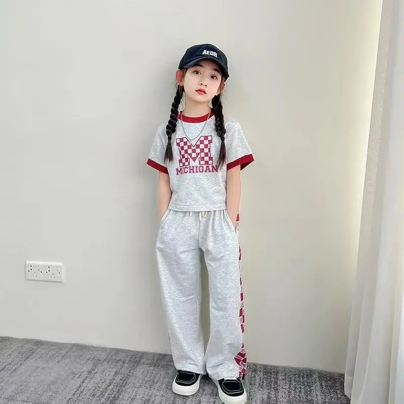 

2023 Summer Letter teens Girls Clothes Sets Outfits Kids Short Sleeve T-shirt + Loose Pants Child tracksuit 6 8 10 12 14 Year