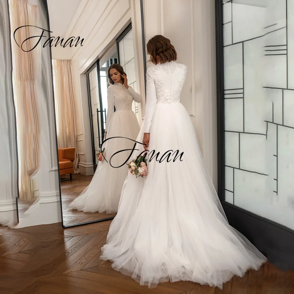 Vestido de novia personalizado de manga larga con cuello alto, Apliques de  encaje, tul con cremallera, largo hasta el suelo, vestido de novia, bata de  soirée mariage - AliExpress, image size:1000x1000
