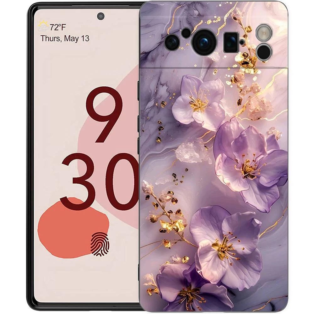 Elegant Flower Marble Design Shockproof Phone Case - Soft TPU Black Cover