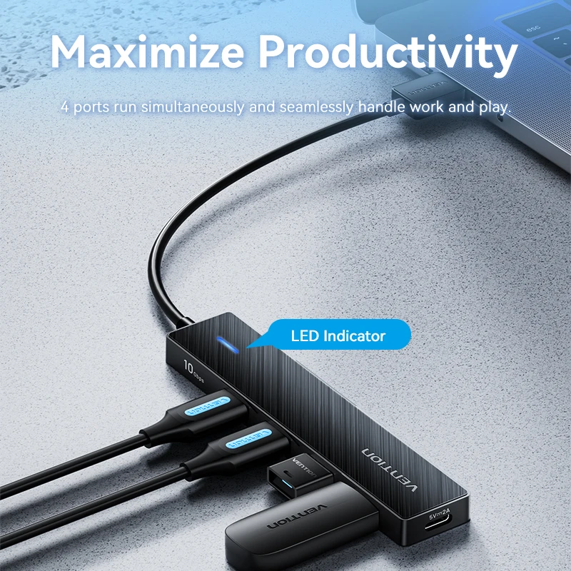 Vention 맥북 프로 에어 M1 PC 노트북 액세서리용 USB 3.0 어댑터, USB C 허브 스플리터, 4 포트 ABS USB 허브, 10Gbps