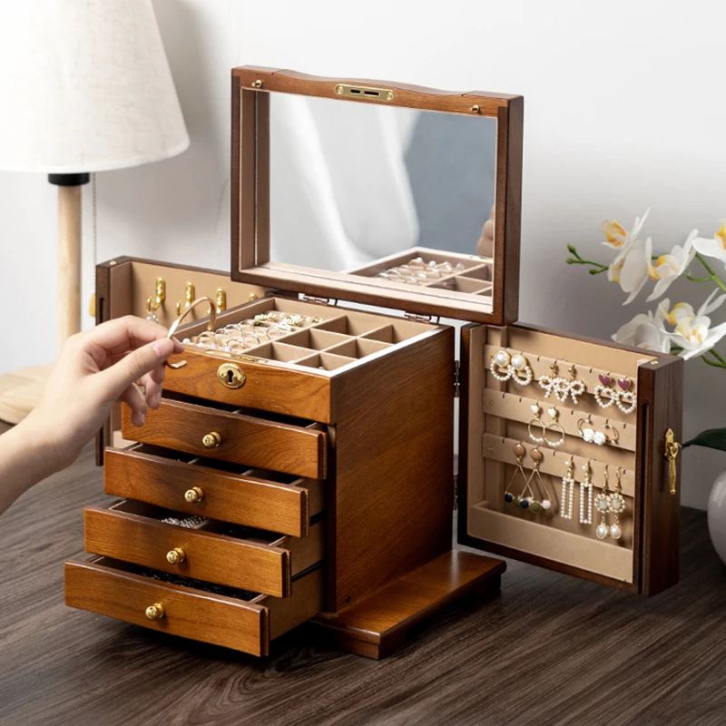 Large Jewelry Box Wood Ring Necklace Earrings Jewelry Boxes Organizer Velvet Drawer Bangles Display Tray Accessories Storage