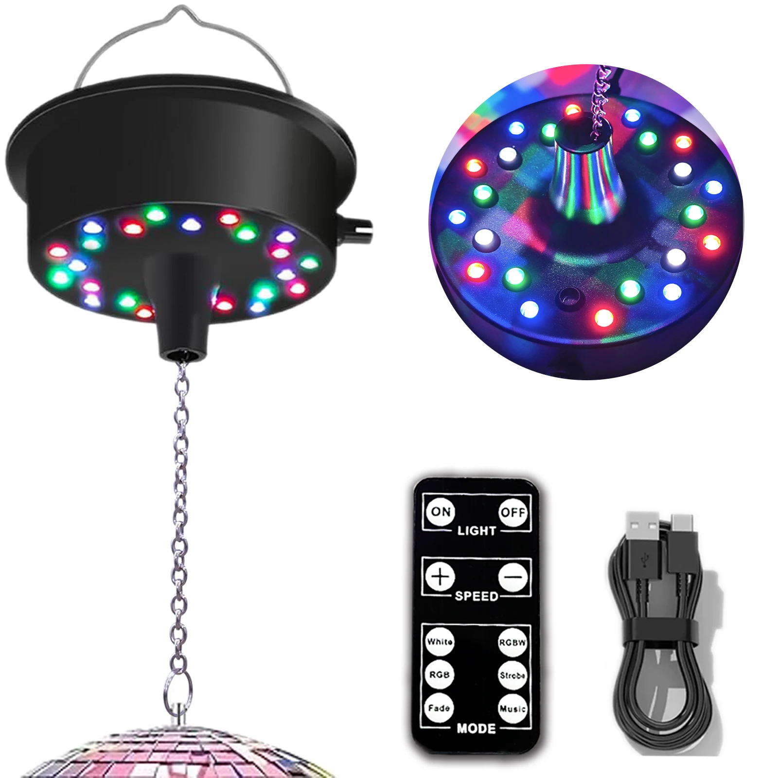 멀티 라이트 모드가 있는 23개의 RGBW LED 로테이터가 있는 원격, 5-10RPM 디스코 볼 조정 가능한 스피너가 있는 미러 볼 모터