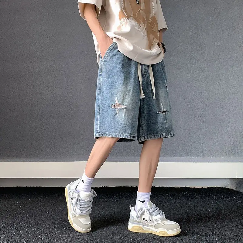 Men&rsquo;s Retro Elastic Waist Pocket Fashionable Solid Color Five-point Star Ripped Denim Shorts
