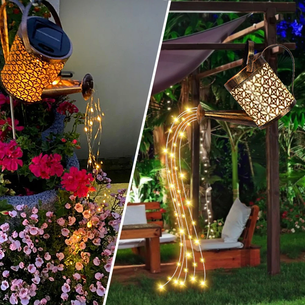 Solar LED Watering Can Lights Outdoor Waterproof Decorative Kettle Garden Yard Art Lamp Hollow Water Sprinkle Projection Lamp solar fence lights