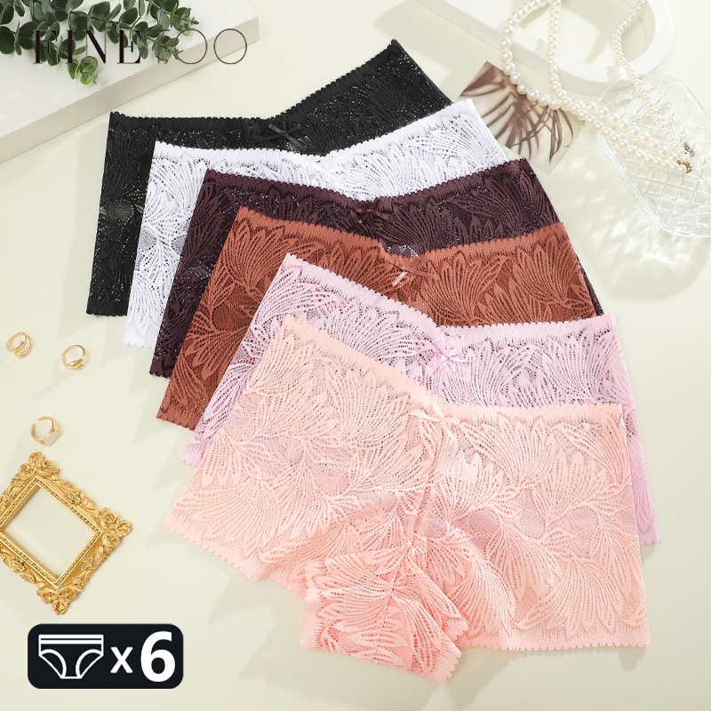 FINETOO 6pcs Women's Lace Floral Boyshort Sexy Hollow Out Underwear Low-Waist Breathable Panties Girls Soft Transparent Lingerie