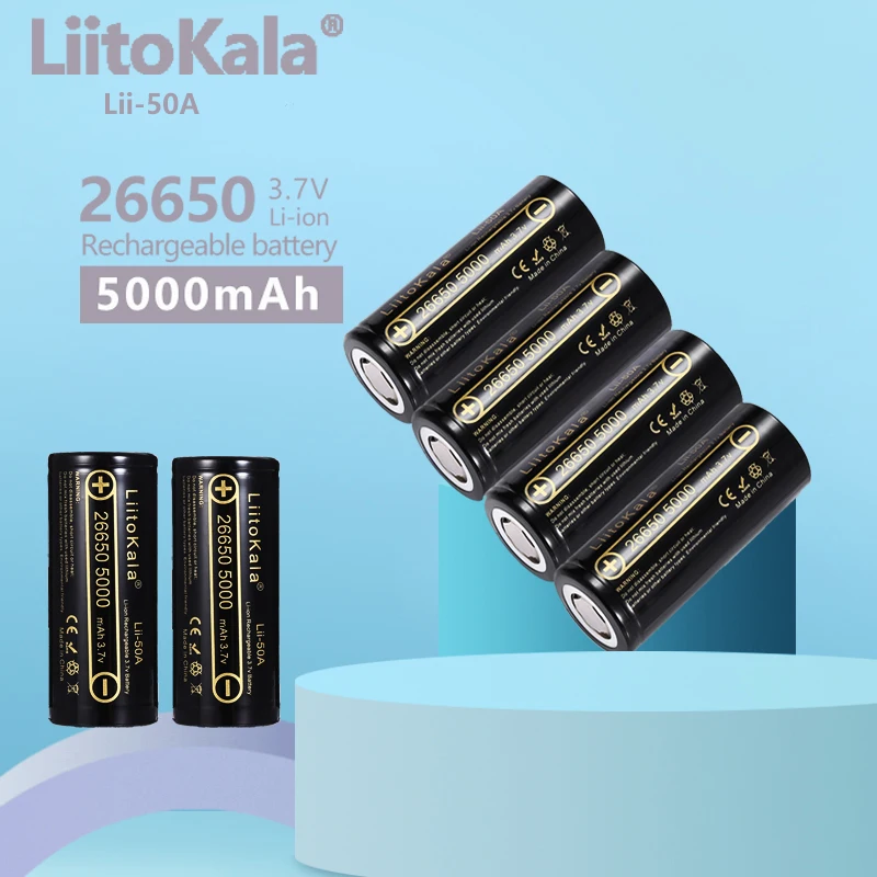 6 Pz Liitokala Lii-50A 26650 5000Mah Batteria Al Litio 3.7V 5000Mah 26650 Batteria Ricaricabile 26650-50A Adatto Per Flashligh