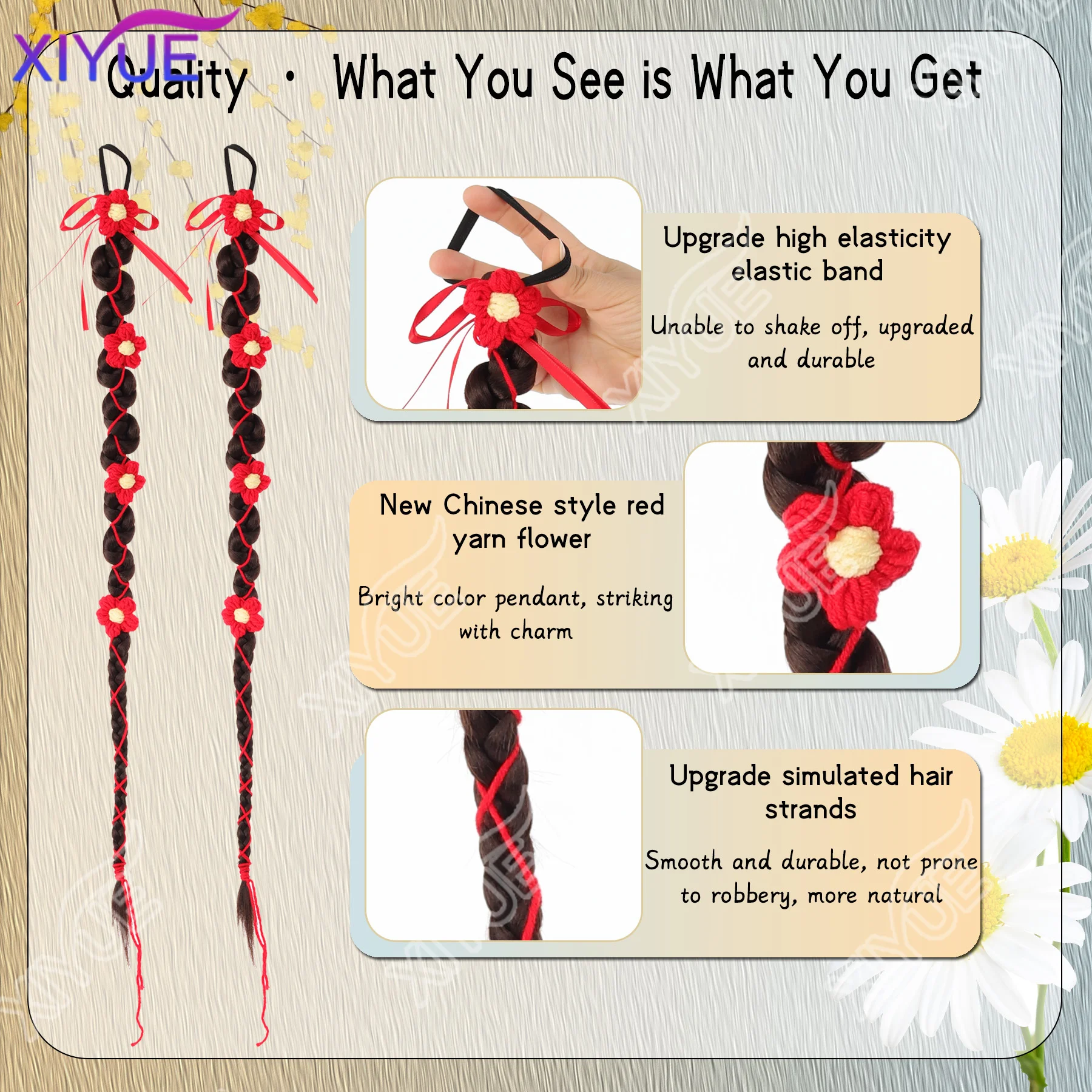 XIYUE Hanfu wig Xiuhe bride red wool flower hair new Chinese twist braid ribbon Fried Dough Twists double ponytail wig