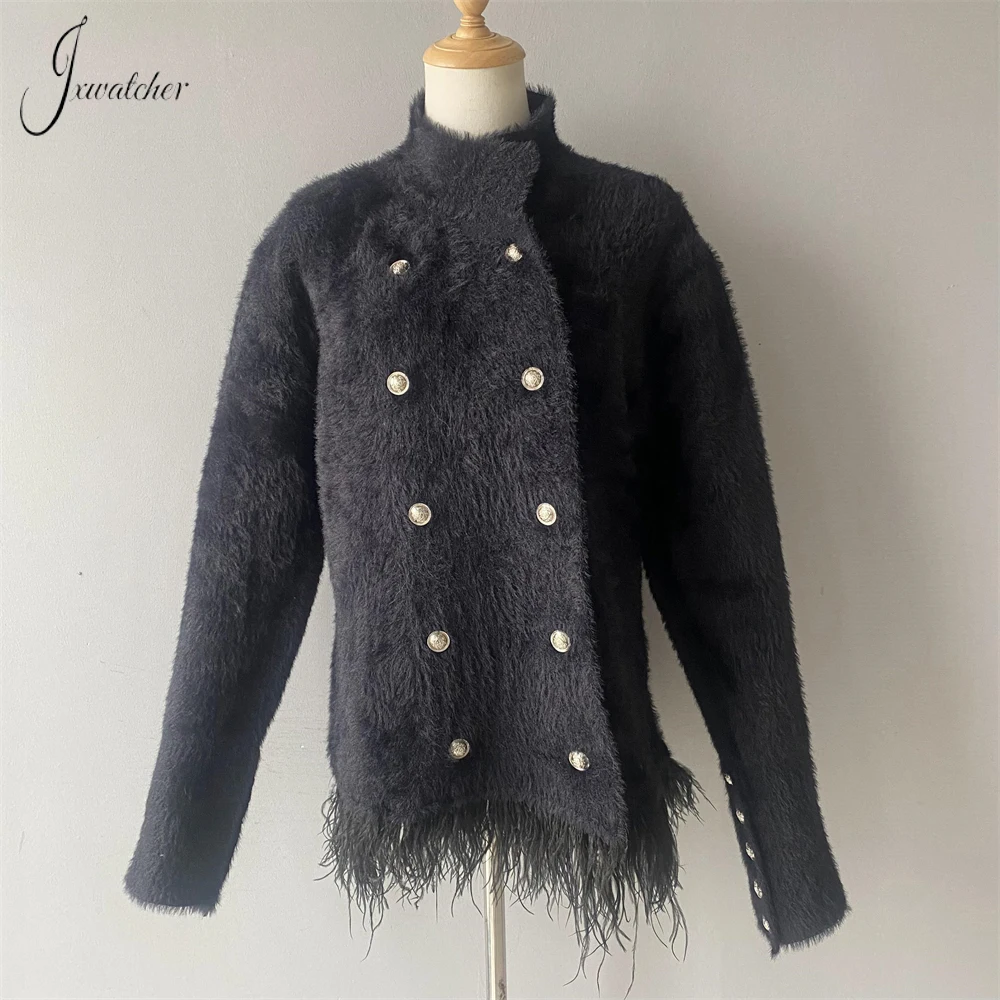 

Jxwatcher Spring Cardigan for Women Patchwork Feathers Hem Coat Ladies Full Sleeves Stand Collar Solid Color Super Soft Jacket