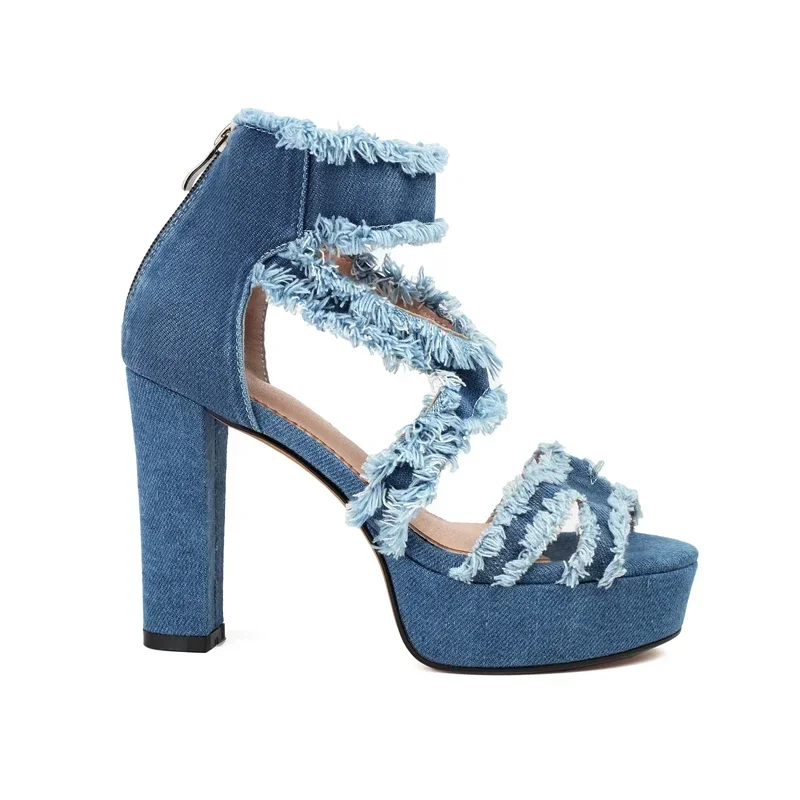 Sexy High-heeled Denim Jean Sandals Womens Sexy Peep Toe Platform Tassel Fringe Zipper Hollow Gladiator Sandals Summer Shoes 43