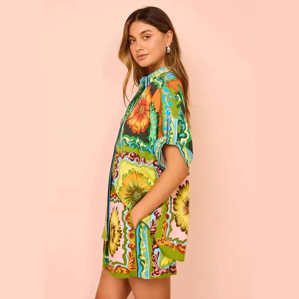 Beach Loose Casual Fashion All-Matching Printed Daisy Shorts Shirt Versatile Printed Daisy Linen Two Sets Holiday 2024 New