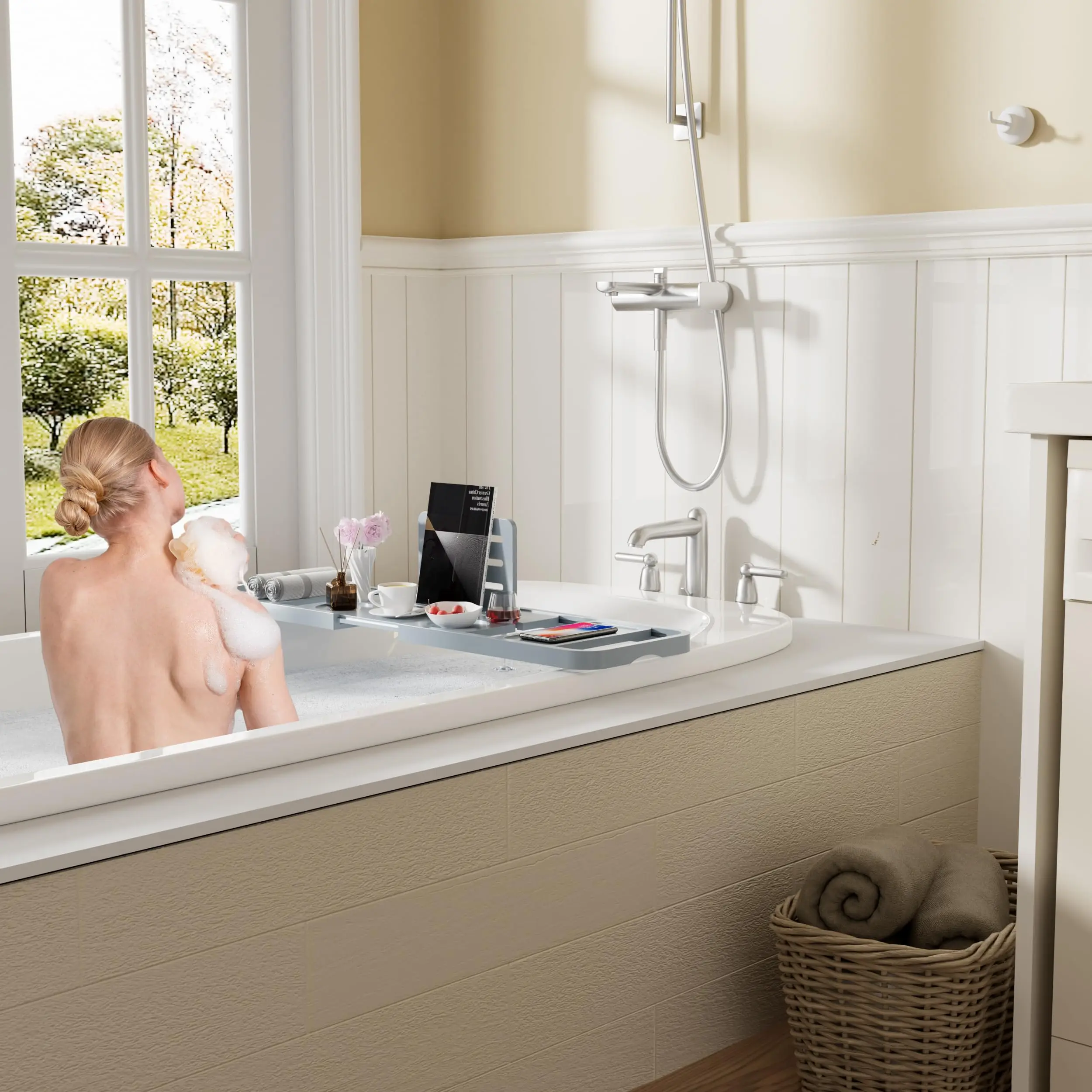Premium Bathtub Tray Caddy-Expandable Bath Caddy Tray-Adjustable Bamboo Bath Tub Table Unique House Warming Gifts Ne
