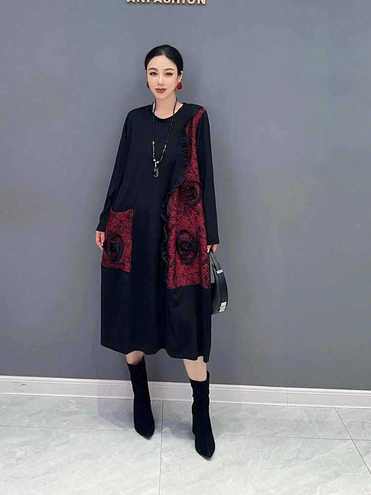 

2023 Autumn new women's dress knitted lace flowers long sleeve loose large size comfortable elegant women's dress