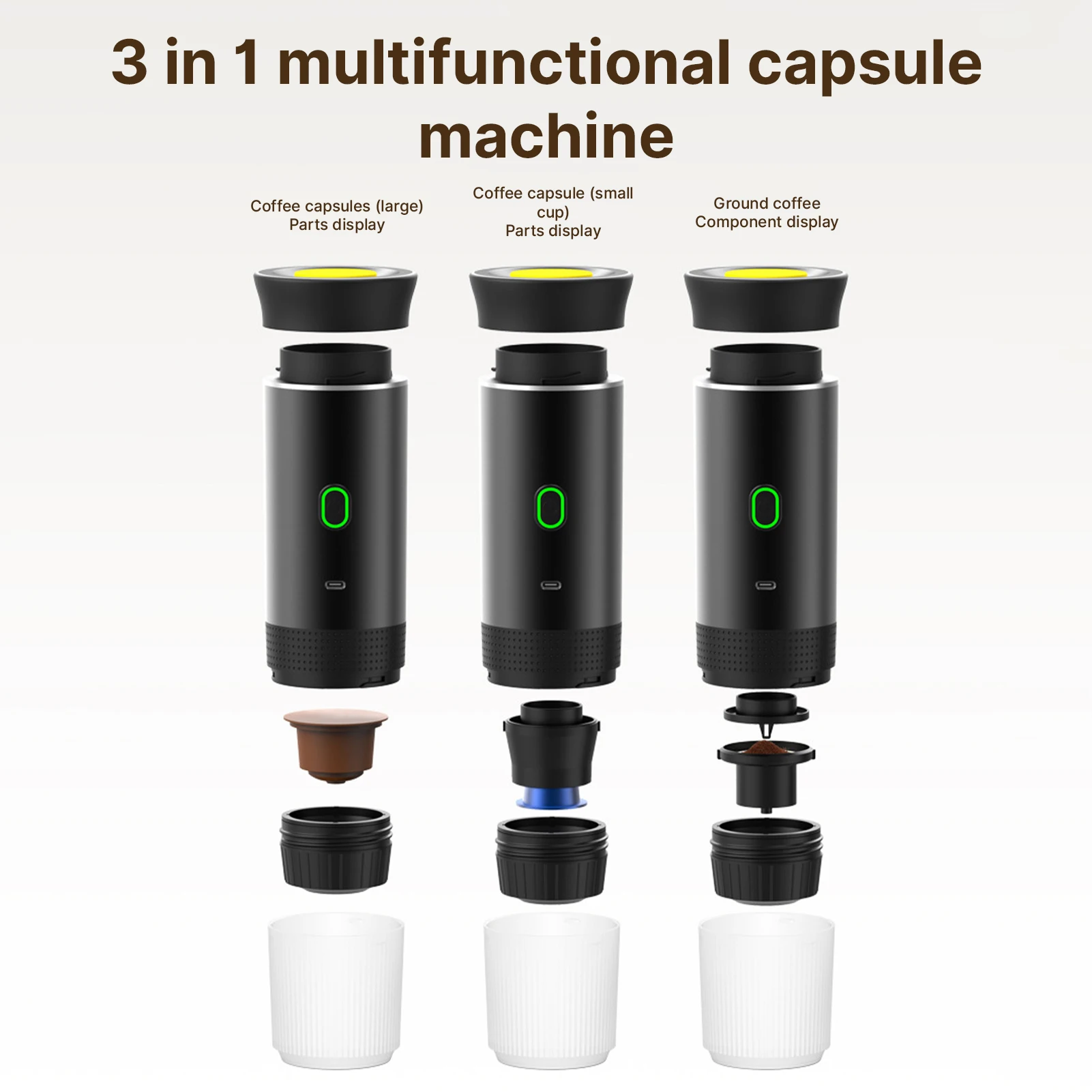 Portable Coffee Machine 3 in 1 Cordless Electric Mini Coffee Maker Work With Capsule and Ground 15Bar with 120ml Cup