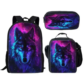 Animal Wolf Three Piece Set for Children and Elementary School Students, Large Capacity Backpack, Meal Pack, Pen Bag 1