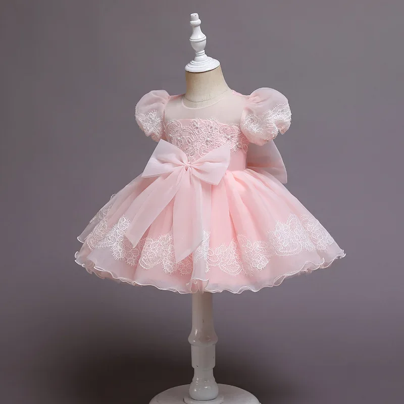 

Puff Sleeve Embroidery Big Bow Baby Girl Baptismal Dress Pearl Princess Kid's Dress Toddler Clothes For Newborns Vestidos 1 3 6Y