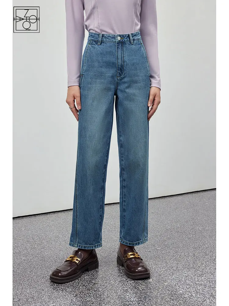 

ZIQIAO Casual High-waist Pure Cotton Washed Nine-point Jeans Women 2022 Autumn Winter New Tapered Pants Female Wide-legs Jeans