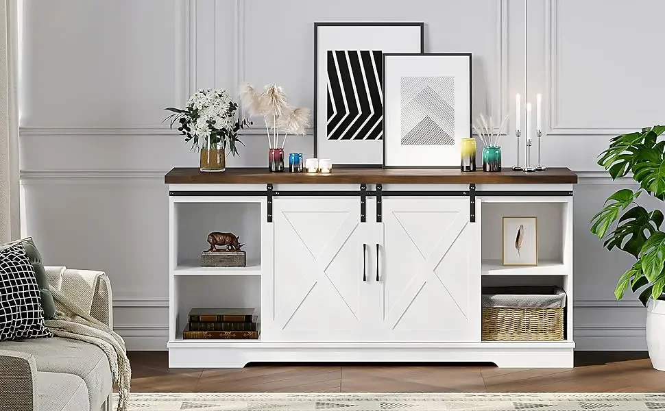 Description Picture 2 of itemBarn Doors TV Stand With Storage and Shelves Farmhouse TV Stand for 65 Inch TV Entertainment Center Media Console Cabinet