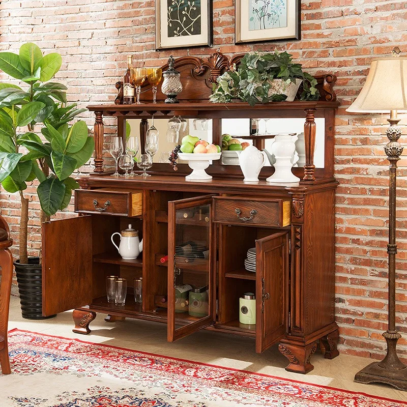 アメリカ式ワインキャビネット サイドキャビネット リビングルーム 玄関キャビネット 無垢材 シングルドア ワインキャビネット LC563 ｜サイドボード アメリカンスタイルのヴィンテージ彫刻サイド