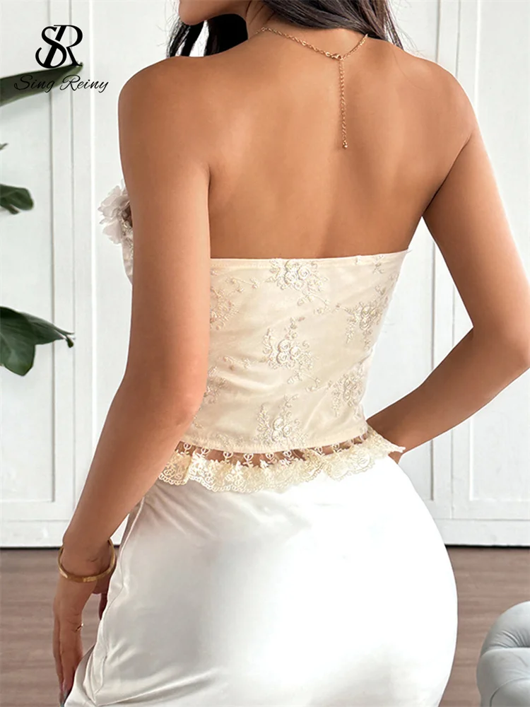 SINGREINY Korean 3D Flowers Spliced Lace Sexy Camis Ladies Backless Sheath Camis Fashion Women Lace Up Streetwear Slim Camisole 5