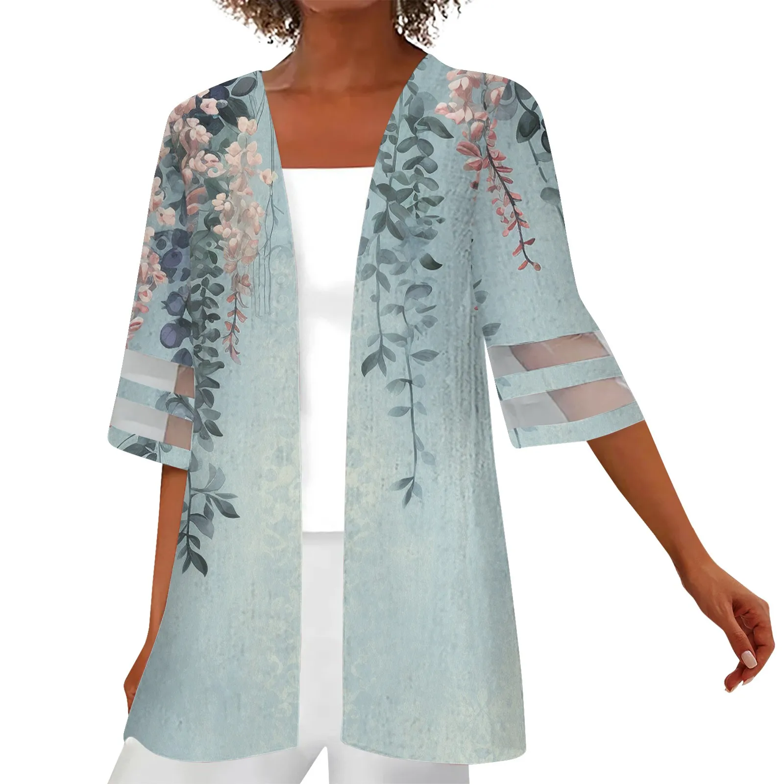 

2024 New Women Summer Cardigans Floral Cover Up Tops Fashion Floral Cardigan Three Quarter Sleeves Lace Cardigan Streetwear