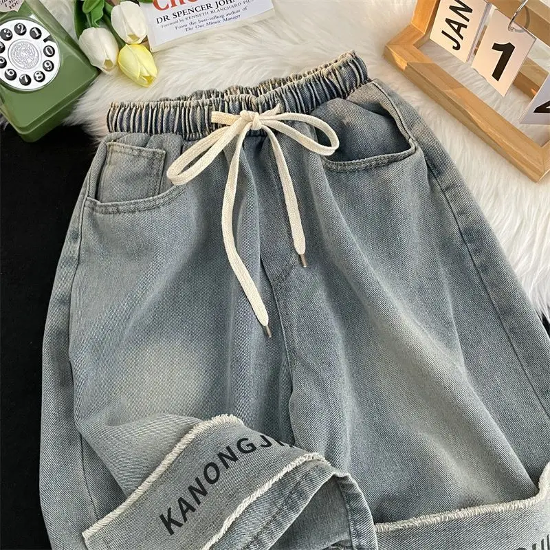 Yellow mud denim shorts men's trendy brand hand some American retro washed workwear style loose casual casual mid-length pants