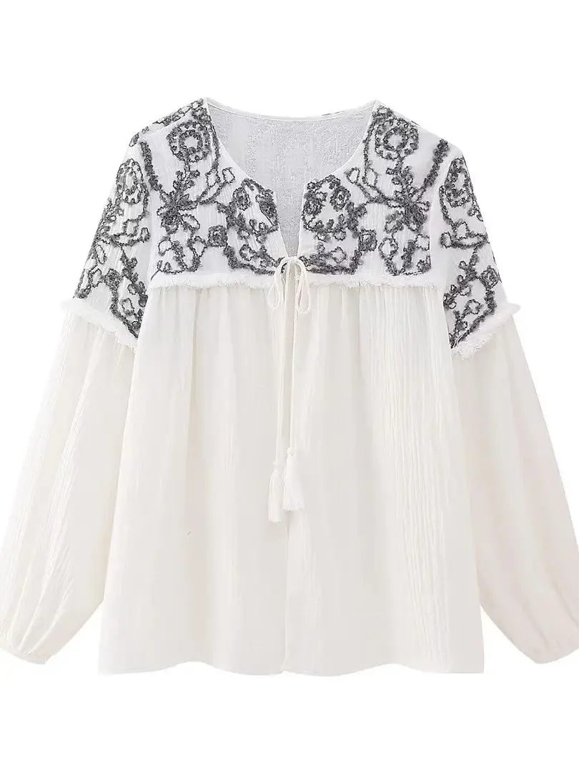 

XEASY 2023 NEW Summer Women Print V-Neck Casual Vintage Sweet Embroidery Loose Shirts