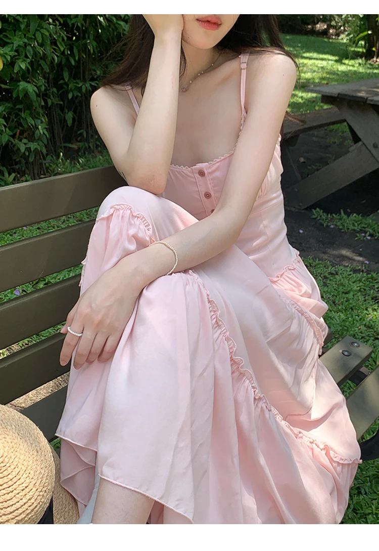 French Elegant Dresses for Women Solid Spaghetti Strap Summer New Ruffles A-line Casual Korean Chic Midi Vestidos Mujer