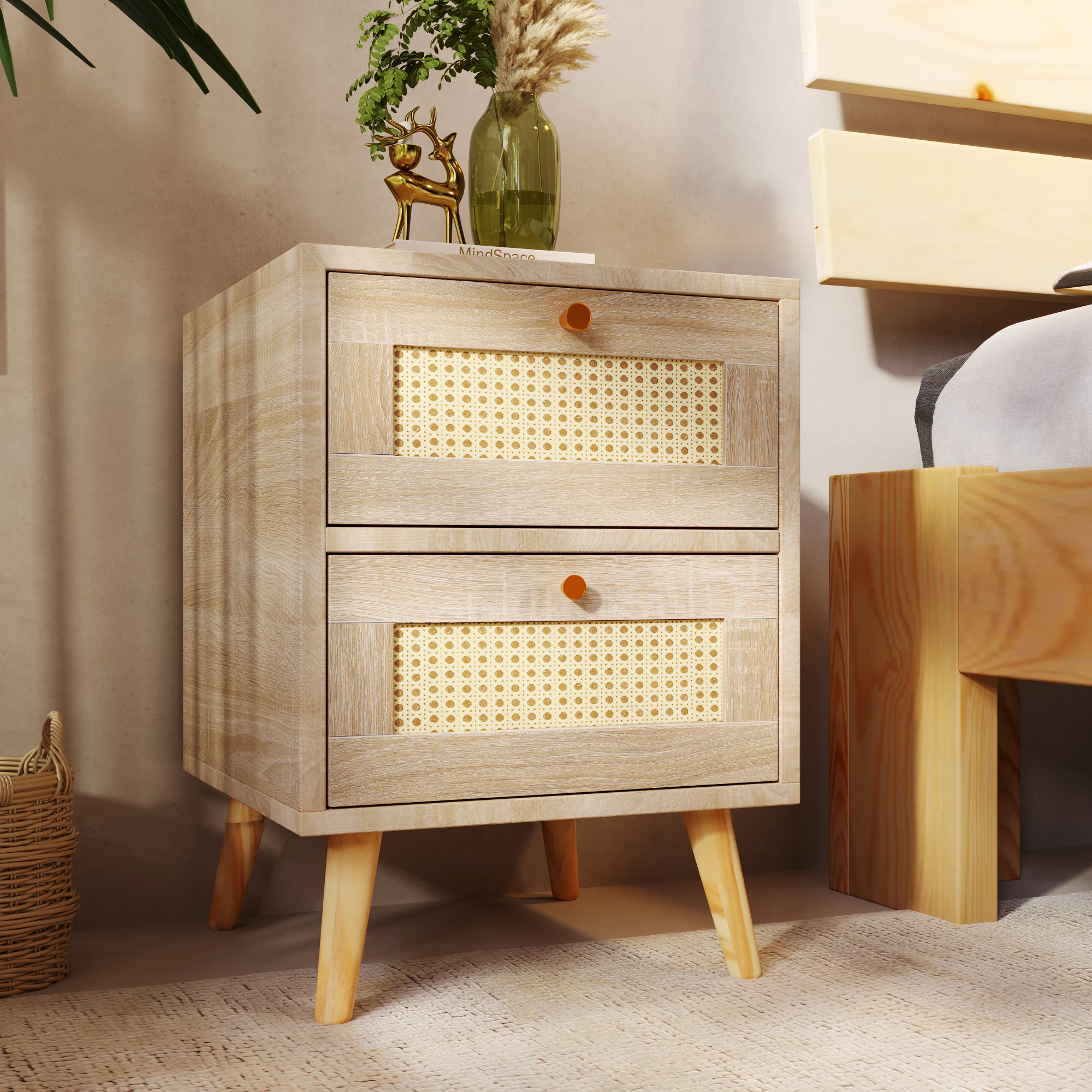 H55/W40/D40cm Natural Oak Rattan Bedside Tables Nightstand Rattan Drawer Sofa Table with 2 drawers Wooden Bedroom Home Furniture