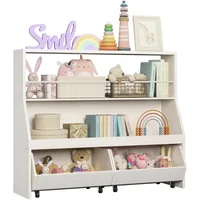 Toy Storage Organizer, Kids Bookshelf with 2 Movable Cubby Drawers, Top Toy Shelf with Crossbar, Storage Cabinet for Nursery 1