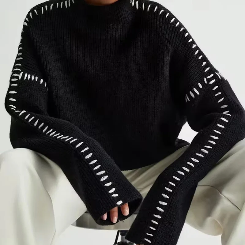 Spring New Sle Women's Faionable Loose Long Sve Stand Collar Sweater Patchwork Slimming Match All Z Polyester Fiber