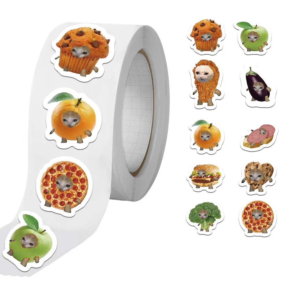 500PCS/Roll 재미 있고 인기있는 음식 고양이 머리 씰링 낙서 스티커 자전거 손 계정 연필 케이스 데칼