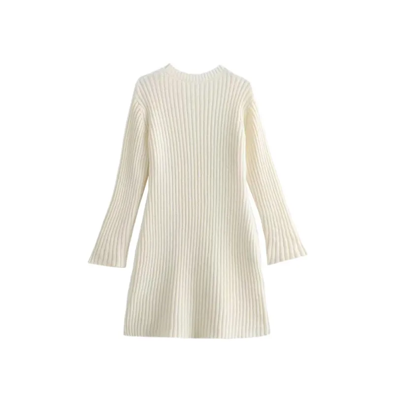 Women Solid Ribbed Pattern Knitted A-line Dress Women Fashion O-neck Flare Sleeve Mini Dresses Autumn Lady High Streetwear